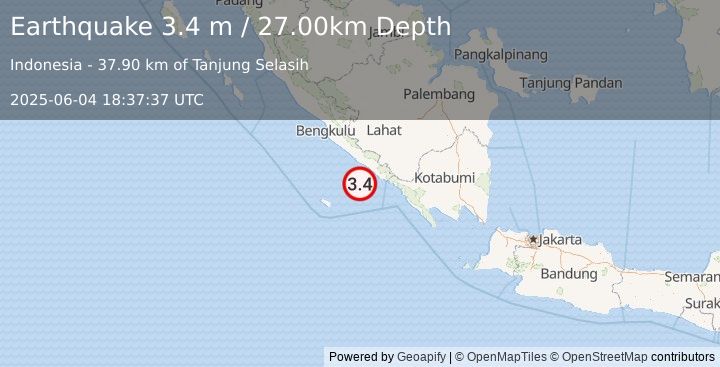 Earthquake SOUTHERN SUMATRA, INDONESIA (3.4 m) (2025-06-04 18:37:37 UTC)