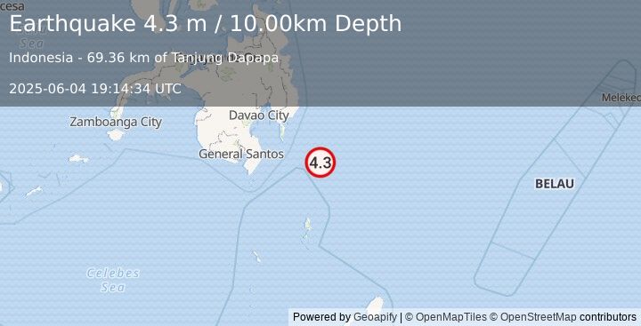 Earthquake PHILIPPINE ISLANDS REGION (4.3 m) (2025-06-04 19:14:34 UTC)