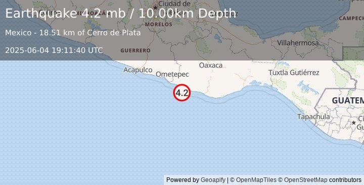 Earthquake OFFSHORE OAXACA, MEXICO (4.2 mb) (2025-06-04 19:11:40 UTC)