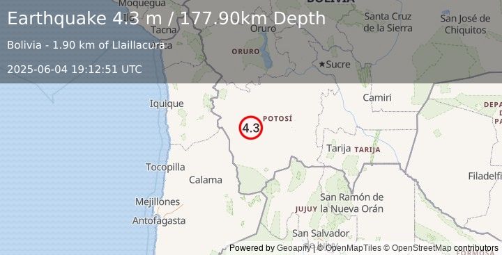 Earthquake POTOSI, BOLIVIA (4.3 m) (2025-06-04 19:12:51 UTC)