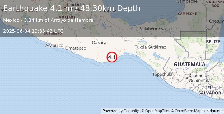 Earthquake OAXACA, MEXICO (4.1 m) (2025-06-04 19:33:43 UTC)