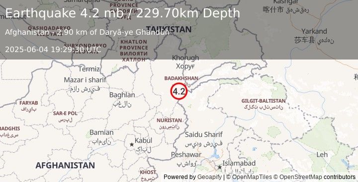 Earthquake HINDU KUSH REGION, AFGHANISTAN (4.2 mb) (2025-06-04 19:29:30 UTC)