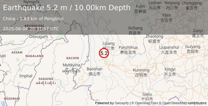 Earthquake YUNNAN, CHINA (5.0 mw) (2025-06-04 20:31:55 UTC)
