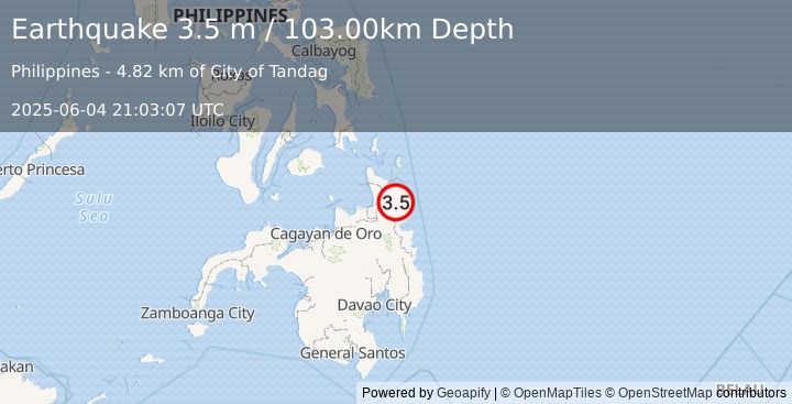 Earthquake MINDANAO, PHILIPPINES (3.5 m) (2025-06-04 21:03:07 UTC)