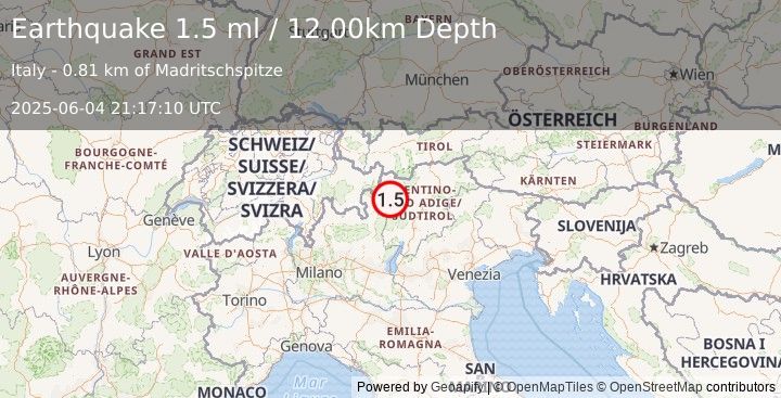 Earthquake NORTHERN ITALY (1.5 ml) (2025-06-04 21:17:10 UTC)