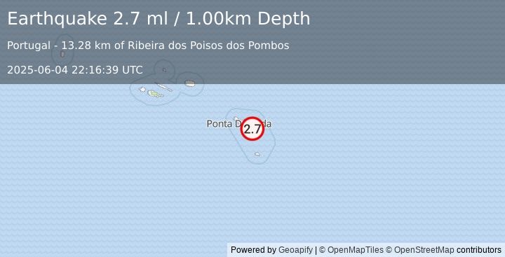 Earthquake AZORES ISLANDS, PORTUGAL (2.7 ml) (2025-06-04 22:16:39 UTC)