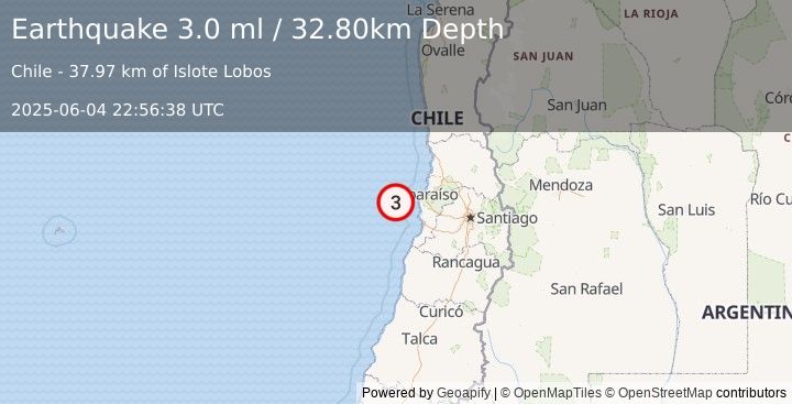Earthquake OFFSHORE VALPARAISO, CHILE (3.0 ml) (2025-06-04 22:56:38 UTC)