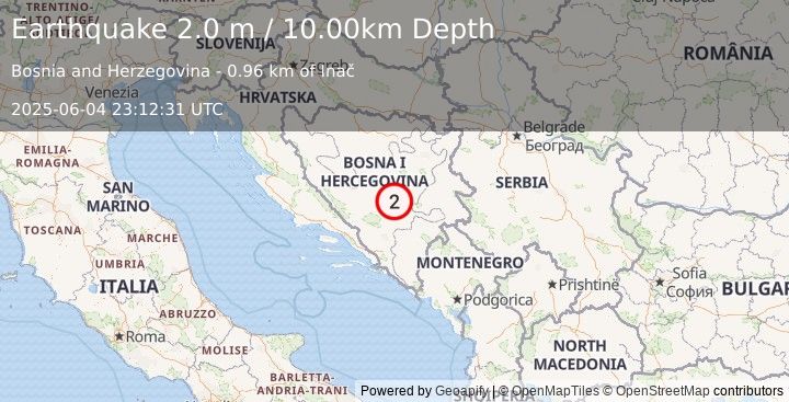 Earthquake BOSNIA AND HERZEGOVINA (2.0 m) (2025-06-04 23:12:31 UTC)