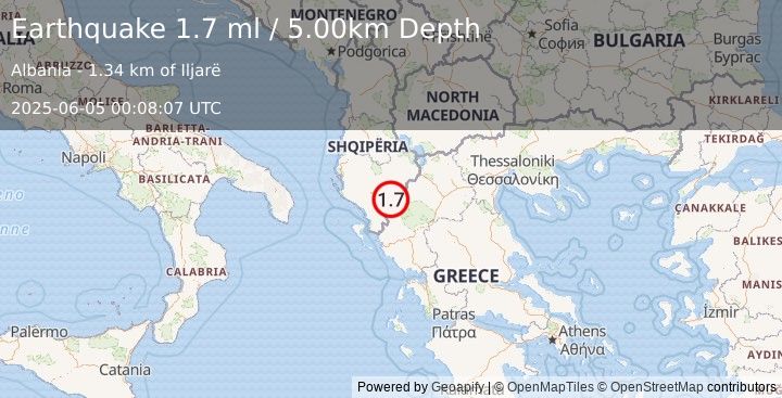 Earthquake ALBANIA (1.7 ml) (2025-06-05 00:08:07 UTC)