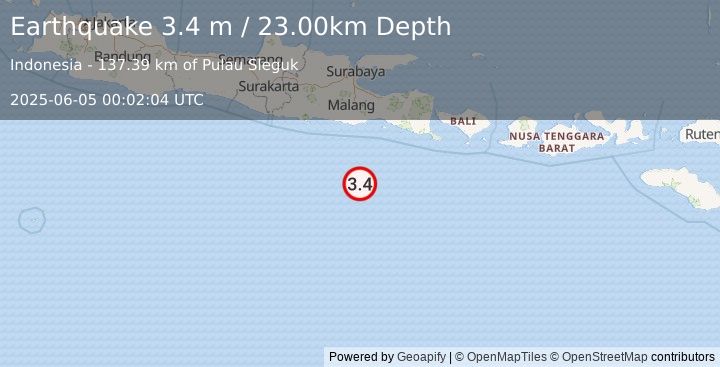 Earthquake SOUTH OF JAVA, INDONESIA (3.4 m) (2025-06-05 00:02:04 UTC)
