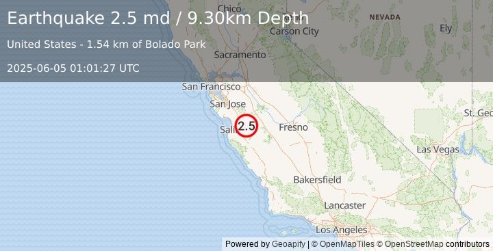 Earthquake CENTRAL CALIFORNIA (2.5 md) (2025-06-05 01:01:27 UTC)