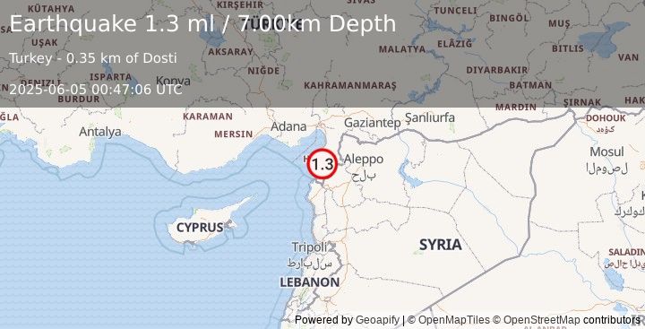 Earthquake TURKEY-SYRIA BORDER REGION (1.3 ml) (2025-06-05 00:47:06 UTC)