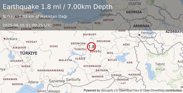 Earthquake EASTERN TURKEY (1.8 ml) (2025-06-05 01:09:25 UTC)