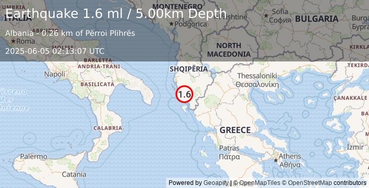 Earthquake ALBANIA (1.6 ml) (2025-06-05 02:13:07 UTC)