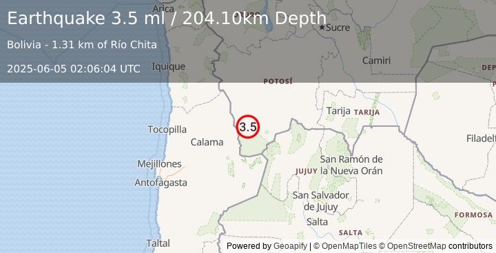 Earthquake POTOSI, BOLIVIA (3.5 ml) (2025-06-05 02:06:04 UTC)