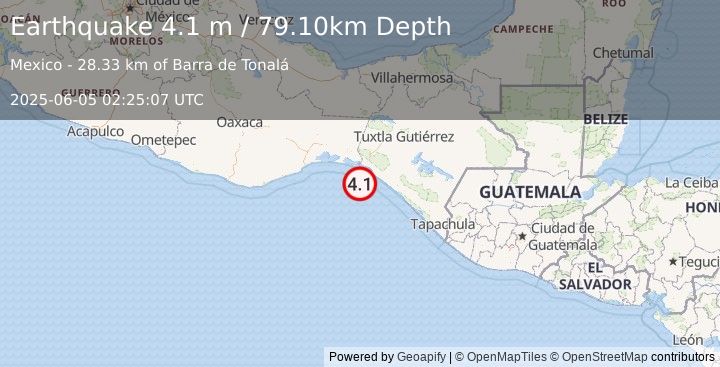 Earthquake OFFSHORE CHIAPAS, MEXICO (4.1 m) (2025-06-05 02:25:07 UTC)