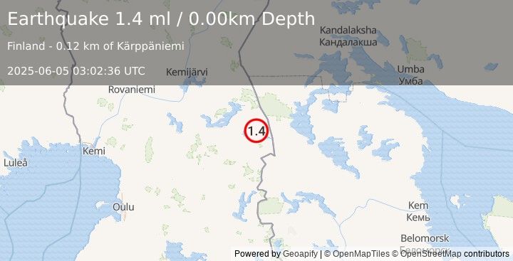 Earthquake FINLAND-RUSSIA BORDER REGION (1.4 ml) (2025-06-05 03:02:36 UTC)