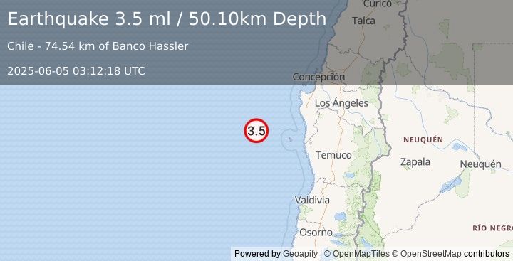 Earthquake OFF COAST OF ARAUCANIA, CHILE (3.5 ml) (2025-06-05 03:12:18 UTC)