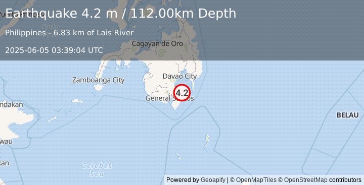Earthquake MINDANAO, PHILIPPINES (4.2 m) (2025-06-05 03:39:04 UTC)