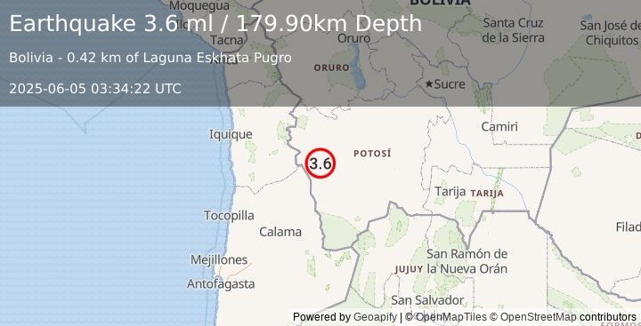 Earthquake POTOSI, BOLIVIA (3.6 ml) (2025-06-05 03:34:22 UTC)