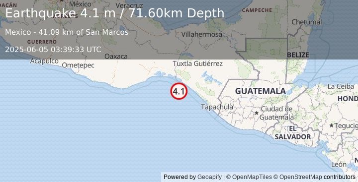 Earthquake OFFSHORE CHIAPAS, MEXICO (4.1 m) (2025-06-05 03:39:33 UTC)