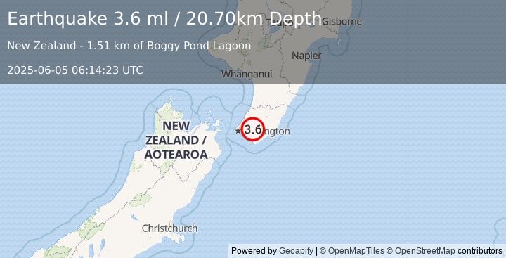 Earthquake NORTH ISLAND OF NEW ZEALAND (3.6 ml) (2025-06-05 06:14:23 UTC)