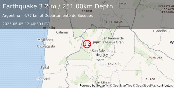 Earthquake JUJUY, ARGENTINA (3.2 m) (2025-06-05 12:46:30 UTC)