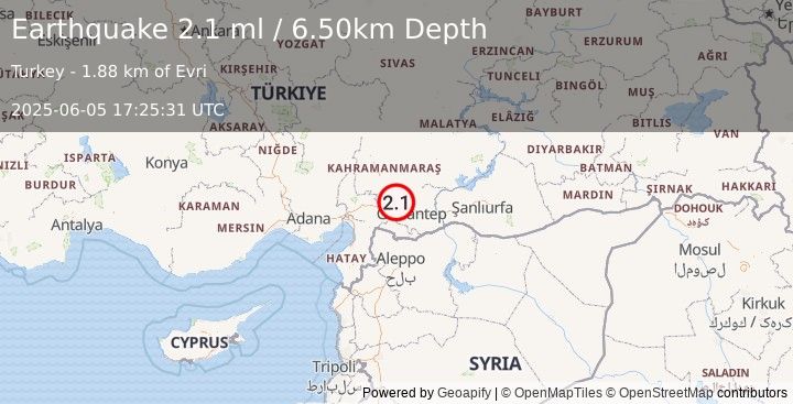 Earthquake CENTRAL TURKEY (2.1 ml) (2025-06-05 17:25:31 UTC)