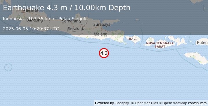 Earthquake SOUTH OF JAVA, INDONESIA (4.3 m) (2025-06-05 19:29:37 UTC)