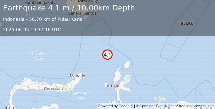Earthquake KEPULAUAN TALAUD, INDONESIA (4.1 m) (2025-06-05 19:37:16 UTC)