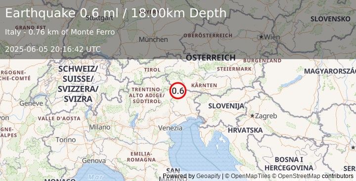 Earthquake NORTHERN ITALY (0.6 ml) (2025-06-05 20:16:42 UTC)