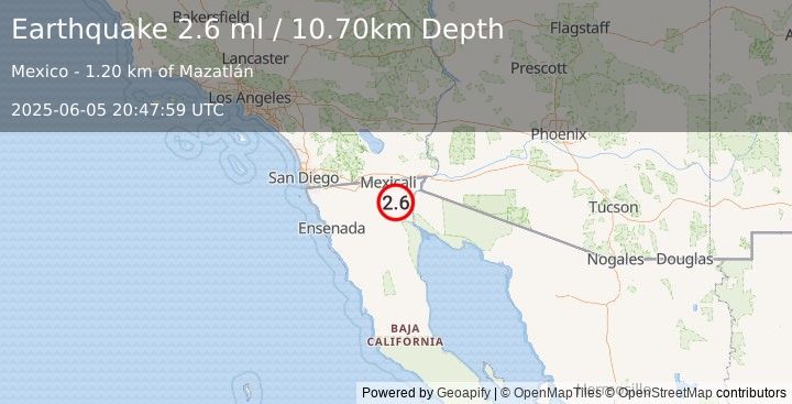Earthquake BAJA CALIFORNIA, MEXICO (2.6 ml) (2025-06-05 20:47:59 UTC)