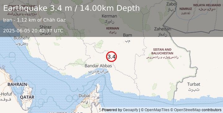 Earthquake SOUTHERN IRAN (3.4 m) (2025-06-05 20:42:37 UTC)