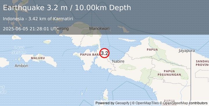 Earthquake NEAR N COAST OF PAPUA, INDONESIA (3.2 m) (2025-06-05 21:28:01 UTC)