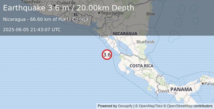 Earthquake NEAR COAST OF NICARAGUA (3.6 m) (2025-06-05 21:43:07 UTC)