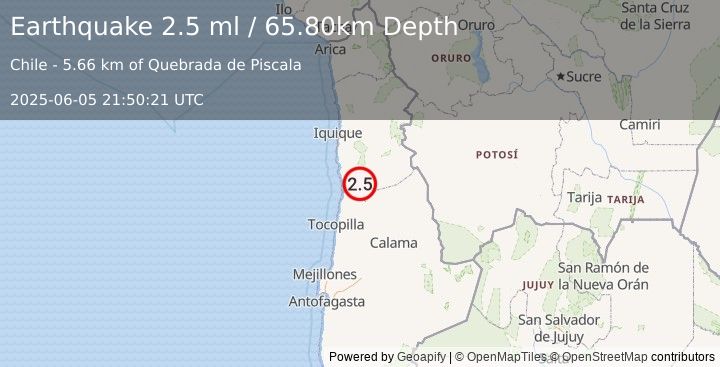 Earthquake TARAPACA, CHILE (2.5 ml) (2025-06-05 21:50:21 UTC)