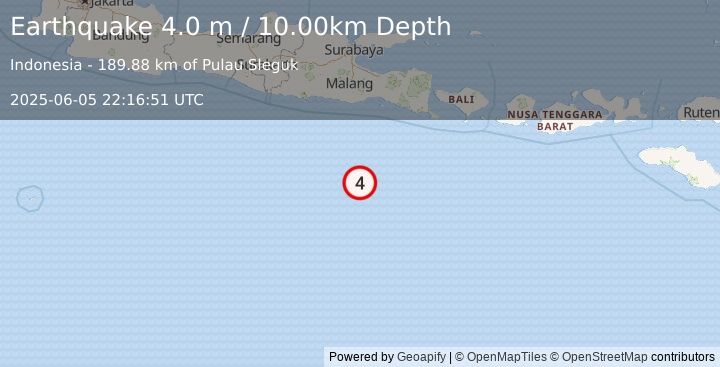 Earthquake SOUTH OF JAVA, INDONESIA (4.0 m) (2025-06-05 22:16:51 UTC)