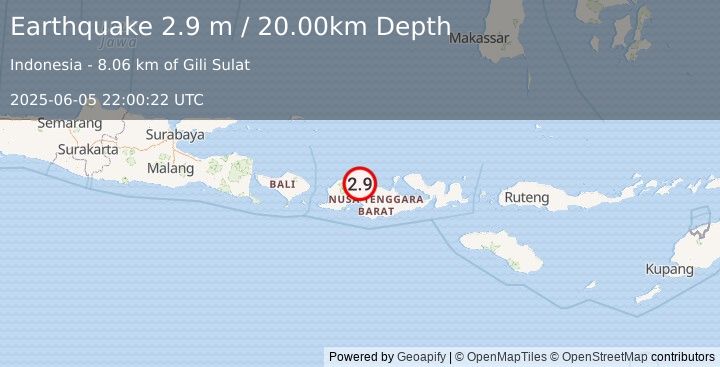 Earthquake LOMBOK REGION, INDONESIA (2.9 m) (2025-06-05 22:00:22 UTC)