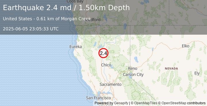 Earthquake NORTHERN CALIFORNIA (2.4 md) (2025-06-05 23:05:33 UTC)