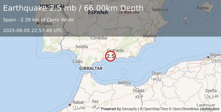 Earthquake STRAIT OF GIBRALTAR (2.5 mb) (2025-06-05 22:57:49 UTC)