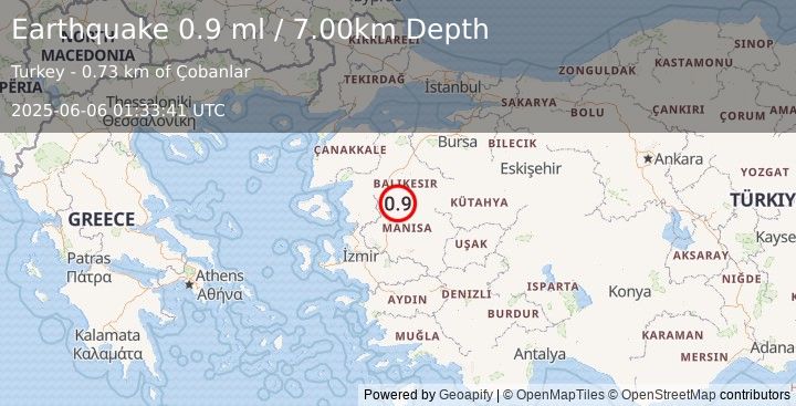 Earthquake WESTERN TURKEY (0.9 ml) (2025-06-06 01:33:41 UTC)