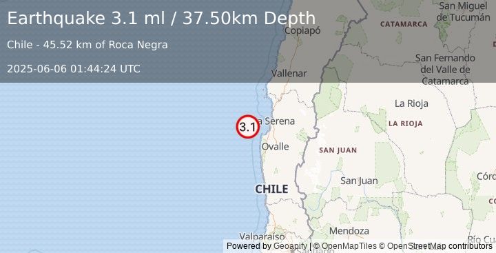 Earthquake OFFSHORE COQUIMBO, CHILE (3.1 ml) (2025-06-06 01:44:24 UTC)