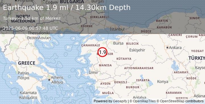 Earthquake WESTERN TURKEY (1.9 ml) (2025-06-06 00:57:48 UTC)