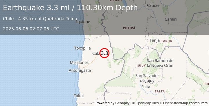 Earthquake ANTOFAGASTA, CHILE (3.3 ml) (2025-06-06 02:07:06 UTC)