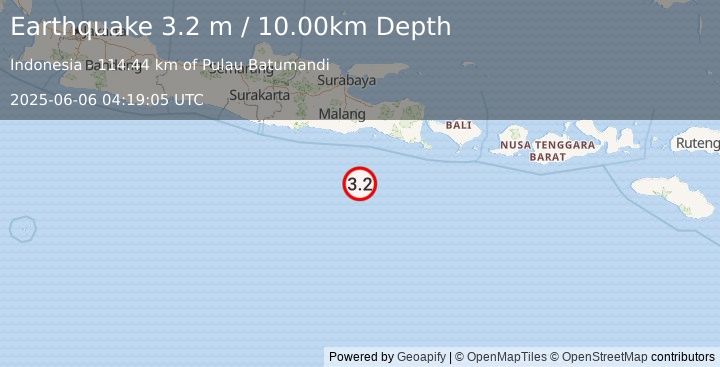 Earthquake SOUTH OF JAVA, INDONESIA (3.2 m) (2025-06-06 04:19:05 UTC)