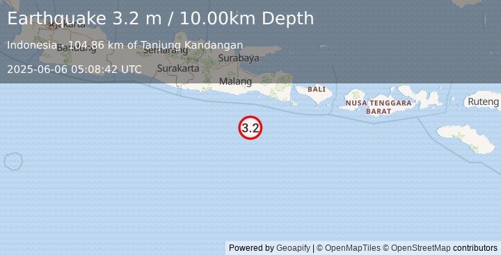 Earthquake SOUTH OF JAVA, INDONESIA (3.2 m) (2025-06-06 05:08:42 UTC)