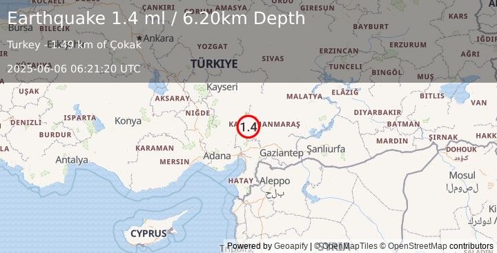 Earthquake CENTRAL TURKEY (1.4 ml) (2025-06-06 06:21:20 UTC)