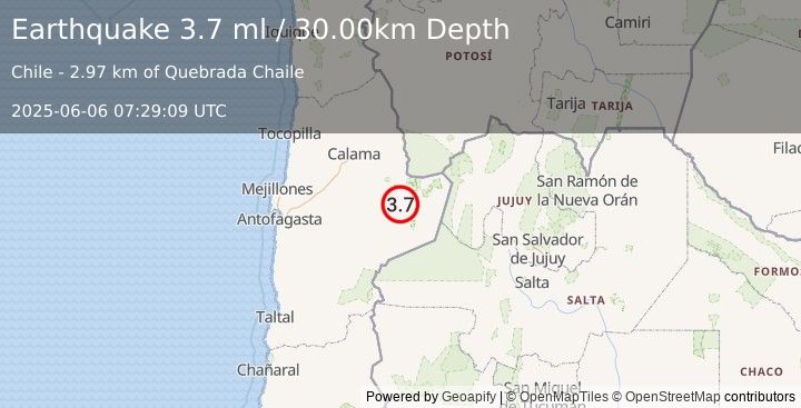 Earthquake ANTOFAGASTA, CHILE (4.2 ml) (2025-06-06 07:28:17 UTC)