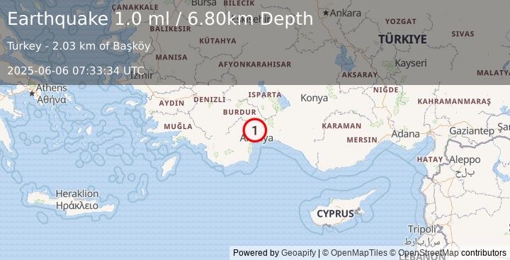 Earthquake WESTERN TURKEY (1.0 ml) (2025-06-06 07:33:34 UTC)
