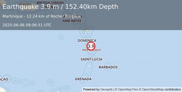 Earthquake MARTINIQUE REGION, WINDWARD ISL. (3.9 ml) (2025-06-06 09:06:52 UTC)